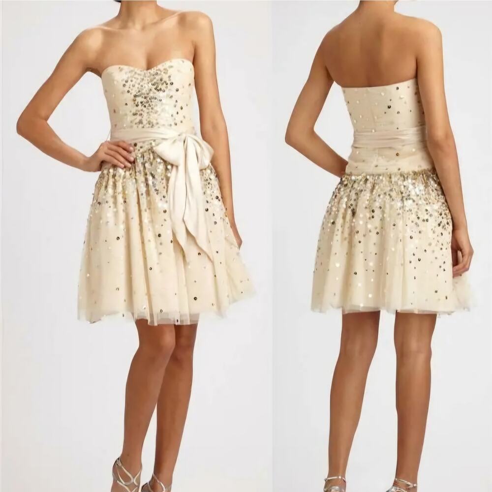 NWT $500 BCBG Maxazria Strapless Sequin Dress, Size 10, Vanilla w/ Gold/Silver
